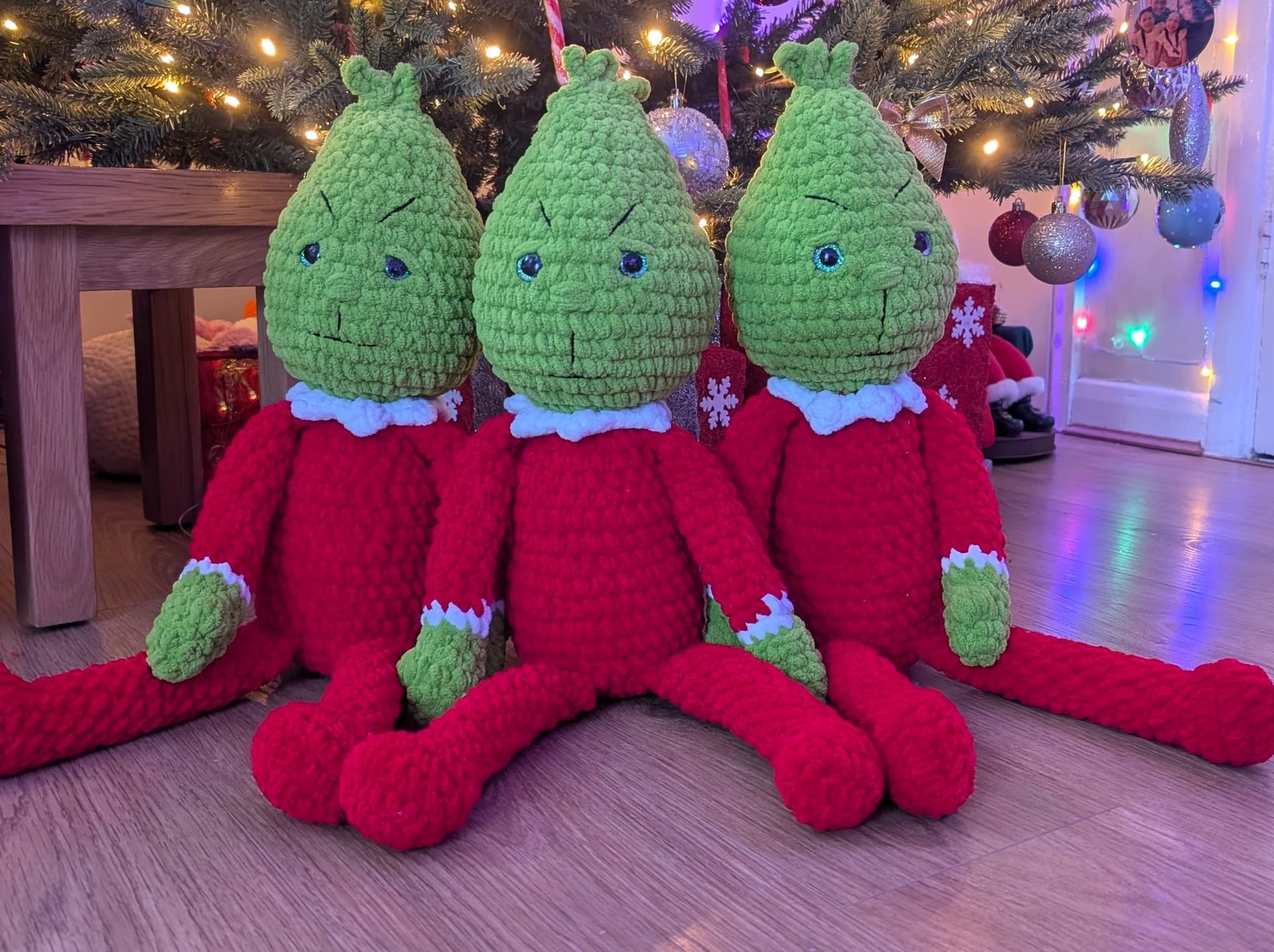 Three green Christmas crochet characters, handmade by SnuggleStitch Creations