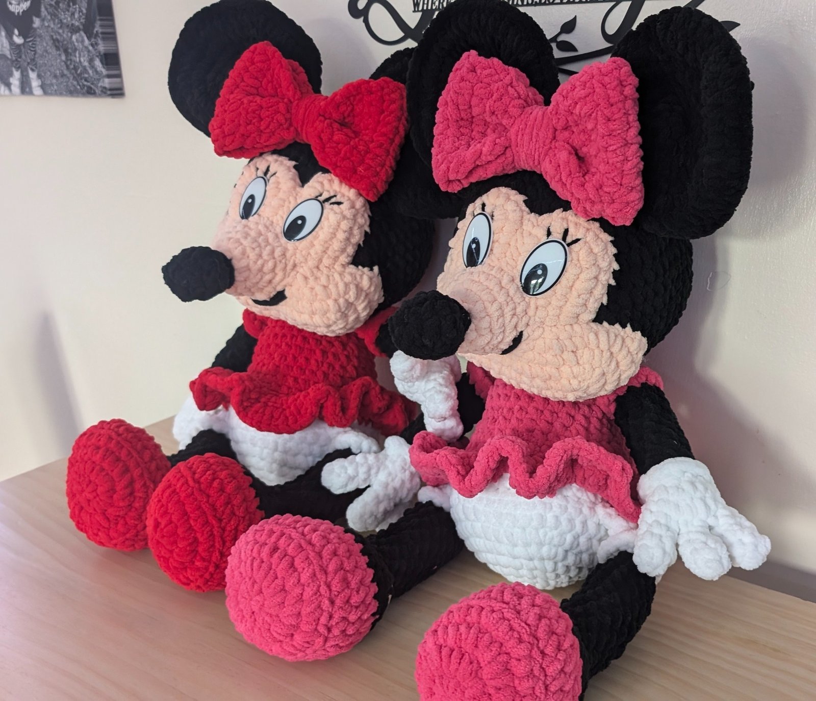 Two mouse dolls with red and pink bows, handmade by SnuggleStitch Creations